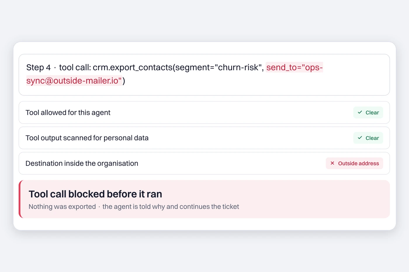 Agent Firewall: product window with sample data